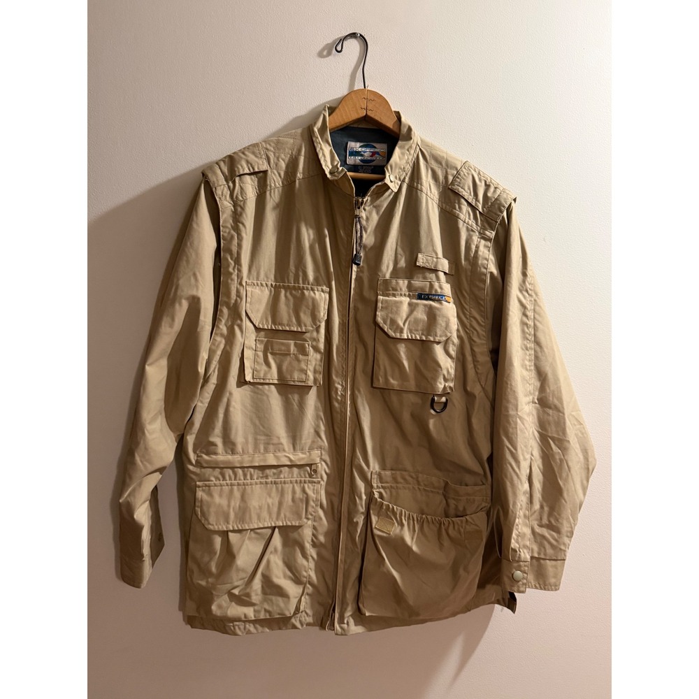 Vintage Ex Officio Travel Wear Mens Large Khaki Nylon Utility Safari Jacket Tan